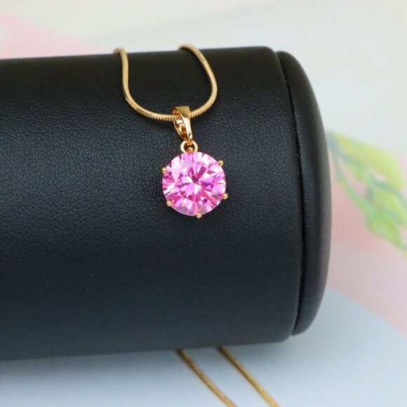 "Brilliant Round Pink Stone Rose Gold Pendant Sparkling Charm, XPPT1599 - Picture 4 of 13